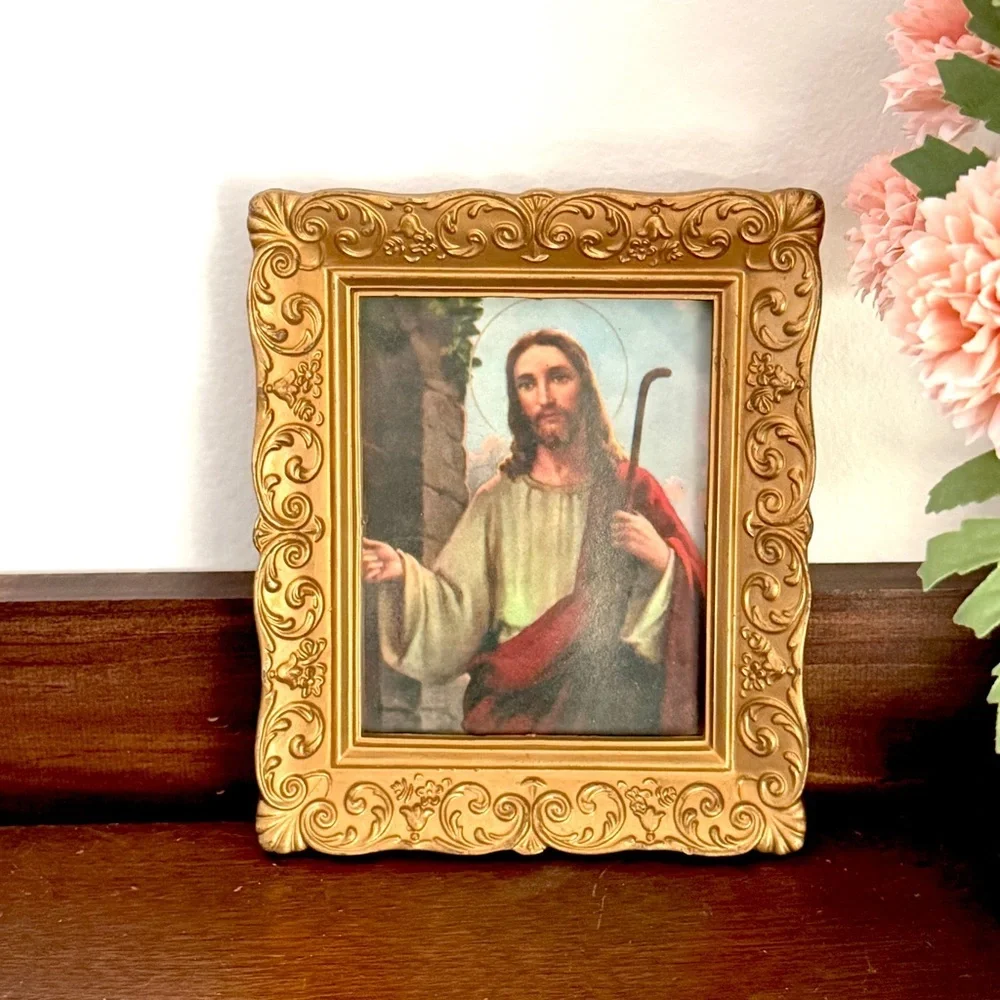 Vintage Jesus Knocking on the Door Art Print Ornate Gold Heavy Plastic Framed